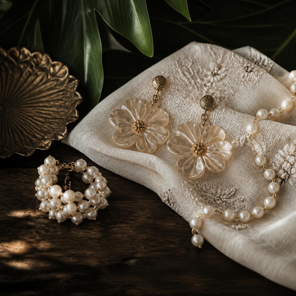 Capiz flower earrings and pearl accessories