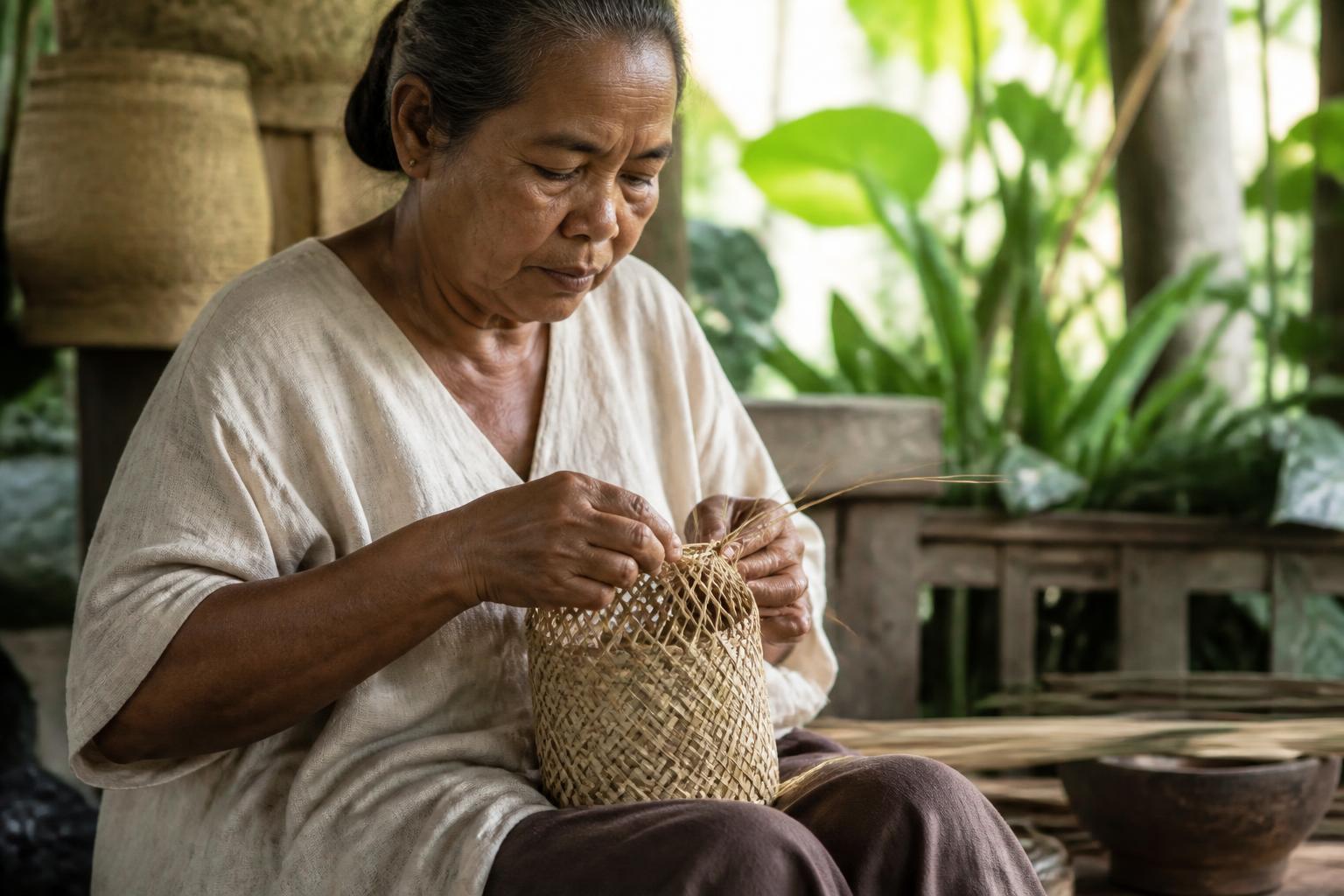 Filipino artisan weaving natural palm fibers