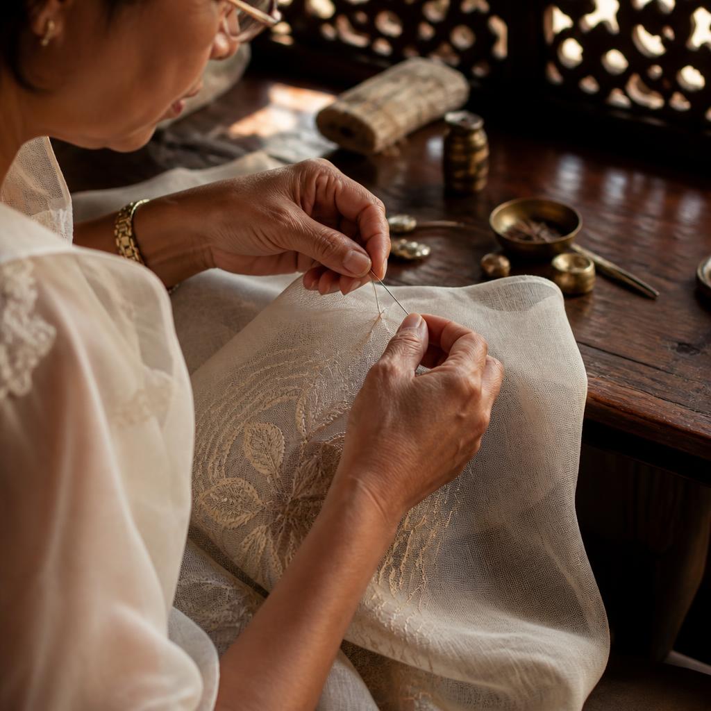 Hands embroidering a piece of translucent piña cloth