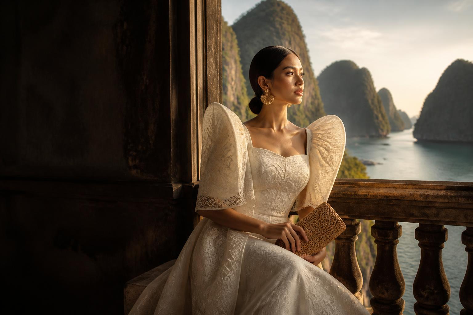 Woman in an ivory Filipiniana overlooking Philippine islands
